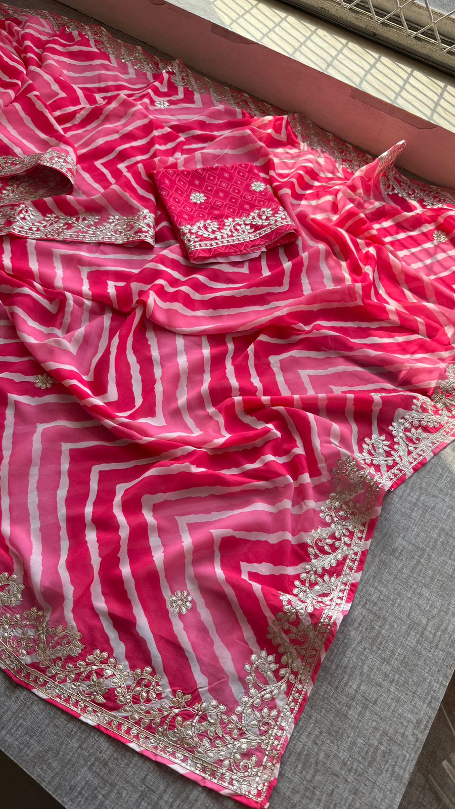 Hot Pink and Rose Crepe Silk Leheriya Saree with Machine Gota Patti Embroidery