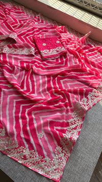Hot Pink and Rose Crepe Silk Leheriya Saree with Machine Gota Patti Embroidery