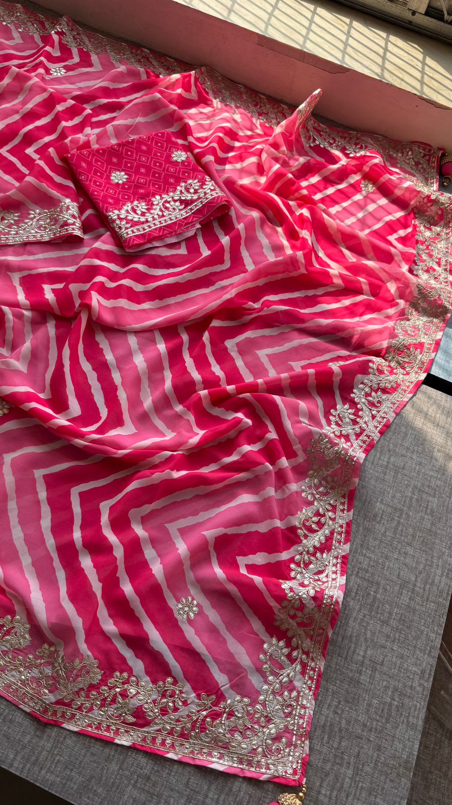 Hot Pink and Rose Crepe Silk Leheriya Saree with Machine Gota Patti Embroidery