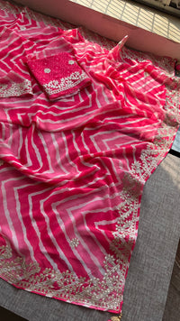 Hot Pink and Rose Crepe Silk Leheriya Saree with Machine Gota Patti Embroidery