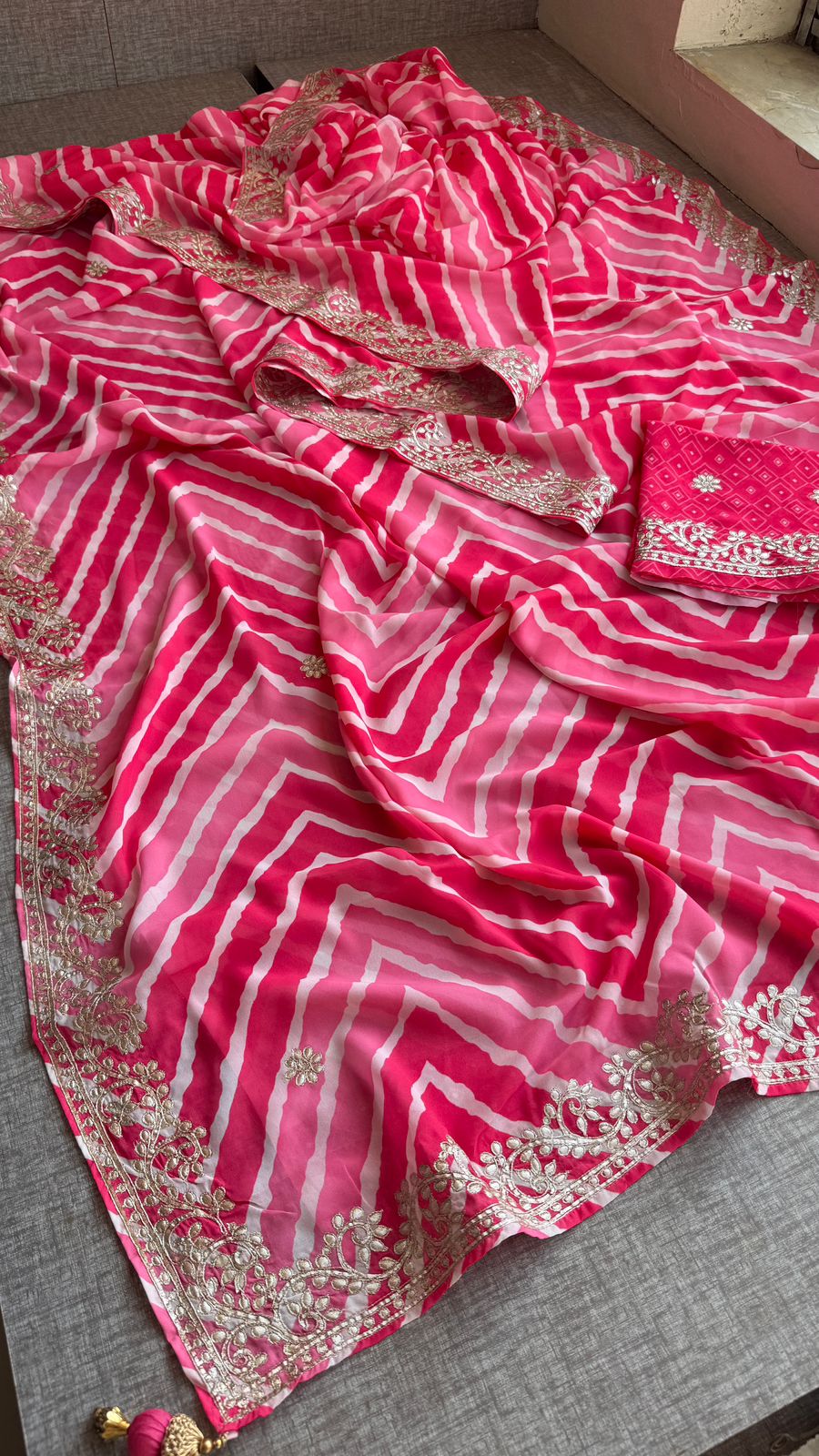 Hot Pink and Rose Crepe Silk Leheriya Saree with Machine Gota Patti Embroidery
