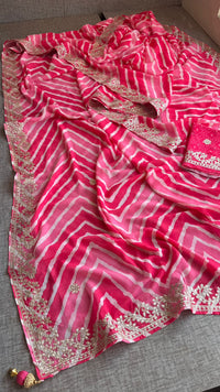 Hot Pink and Rose Crepe Silk Leheriya Saree with Machine Gota Patti Embroidery
