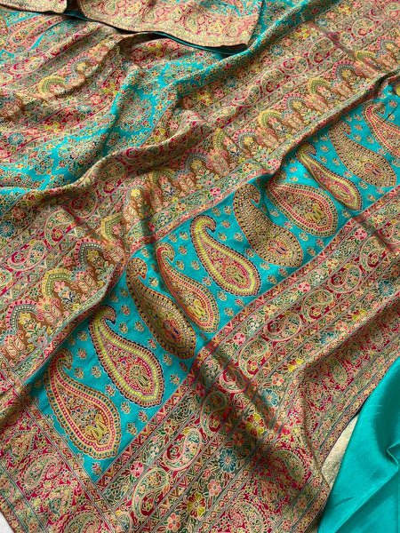 Turquoise Pure Kani Crepe Silk Saree with Banarasi Weaving Zari and Multithread Detailing