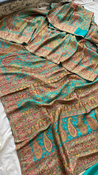 Turquoise Pure Kani Crepe Silk Saree with Banarasi Weaving Zari and Multithread Detailing
