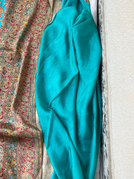Turquoise Pure Kani Crepe Silk Saree with Banarasi Weaving Zari and Multithread Detailing