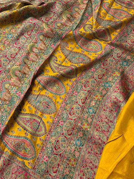 Golden Mustard Kani Crepe Silk Saree with Banarasi Weaving Zari and Multithread Detailing