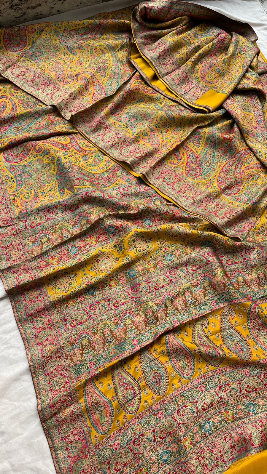 Golden Mustard Kani Crepe Silk Saree with Banarasi Weaving Zari and Multithread Detailing