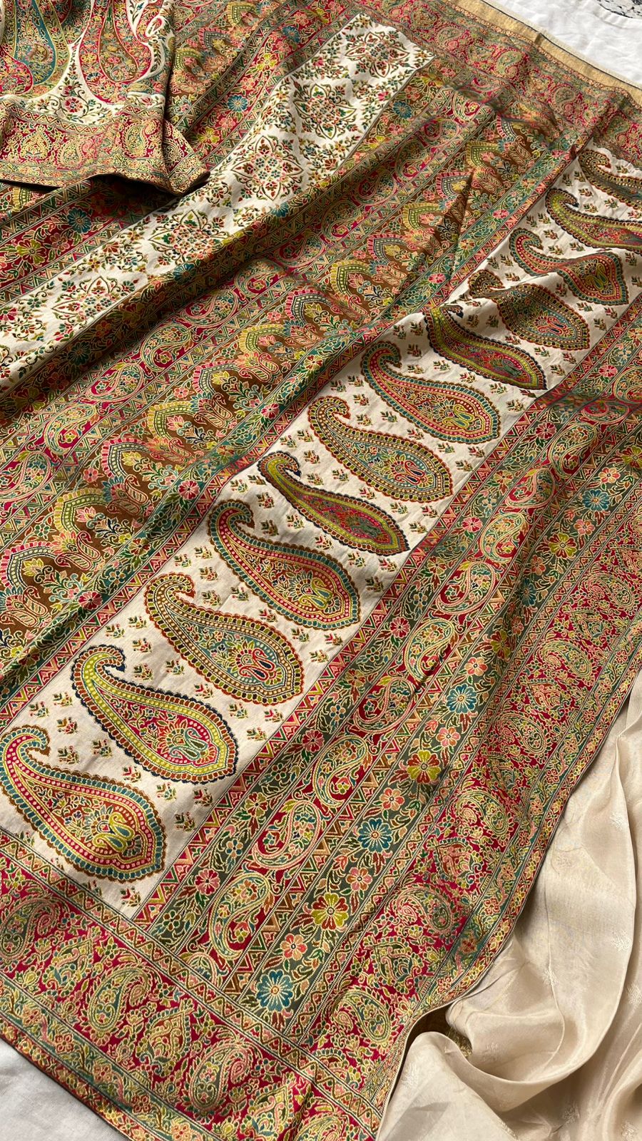 Ivory Gold Kani Crepe Silk Saree with Banarasi Weaving Zari and Multithread Detailing
