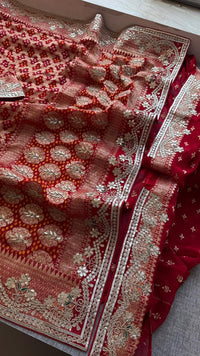 Crimson Red Pure Khaddi Georgette Banarasi Saree with Handcrafted Zardozi Gotapatti Pearl and Sequin Embroidery