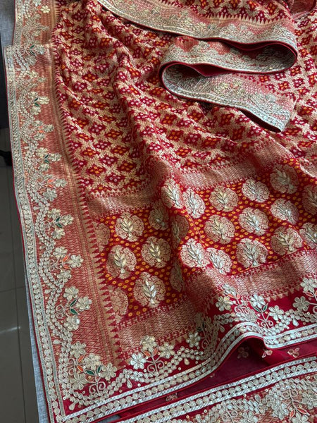 Crimson Red Pure Khaddi Georgette Banarasi Saree with Handcrafted Zardozi Gotapatti Pearl and Sequin Embroidery