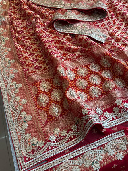 Crimson Red Pure Khaddi Georgette Banarasi Saree with Handcrafted Zardozi Gotapatti Pearl and Sequin Embroidery