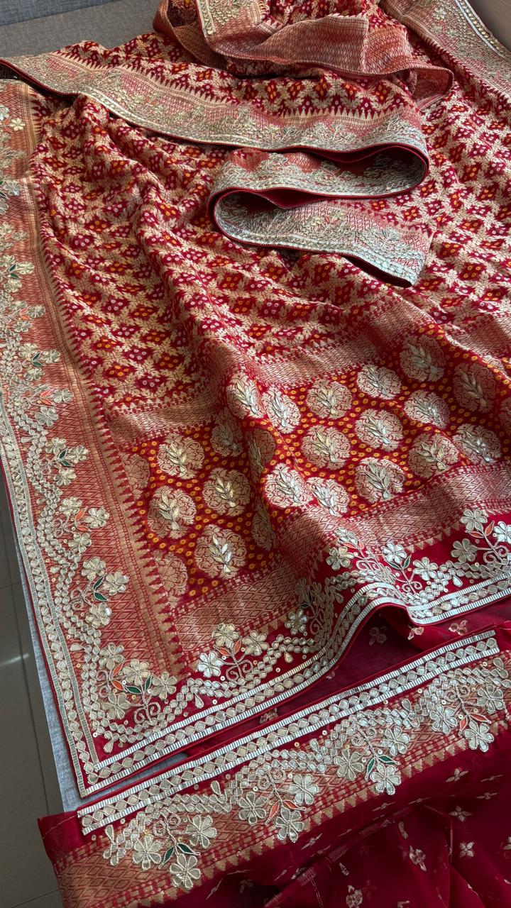 Crimson Red Pure Khaddi Georgette Banarasi Saree with Handcrafted Zardozi Gotapatti Pearl and Sequin Embroidery
