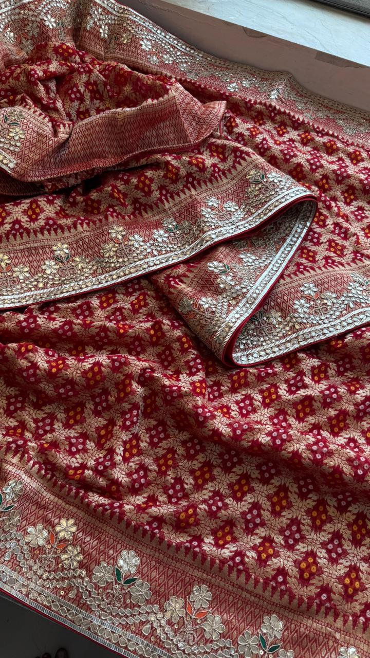 Crimson Red Pure Khaddi Georgette Banarasi Saree with Handcrafted Zardozi Gotapatti Pearl and Sequin Embroidery