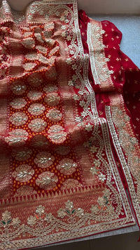Crimson Red Pure Khaddi Georgette Banarasi Saree with Handcrafted Zardozi Gotapatti Pearl and Sequin Embroidery