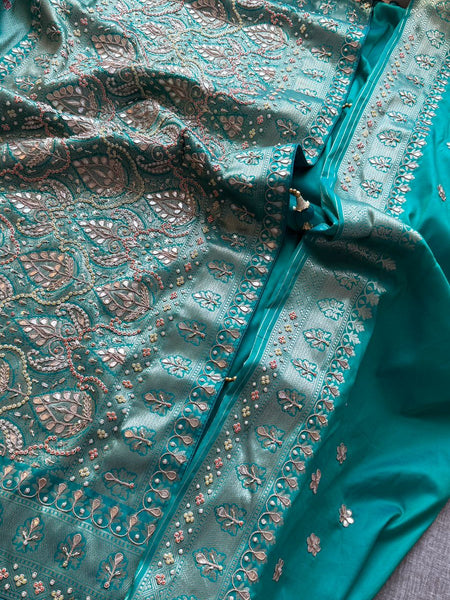 Aqua Teal Pure Soft Munga Silk Meena Banarasi Saree with Handcrafted Zardozi Gotapatti Pearl and Sequin Embroidery