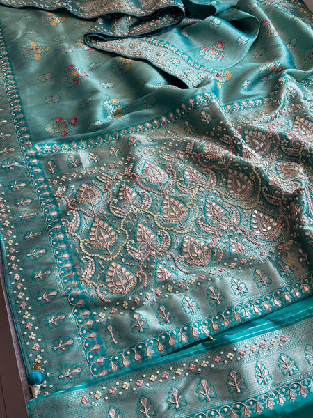 Aqua Teal Pure Soft Munga Silk Meena Banarasi Saree with Handcrafted Zardozi Gotapatti Pearl and Sequin Embroidery