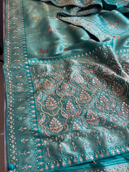 Aqua Teal Pure Soft Munga Silk Meena Banarasi Saree with Handcrafted Zardozi Gotapatti Pearl and Sequin Embroidery