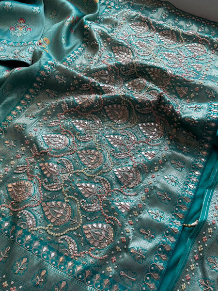 Aqua Teal Pure Soft Munga Silk Meena Banarasi Saree with Handcrafted Zardozi Gotapatti Pearl and Sequin Embroidery