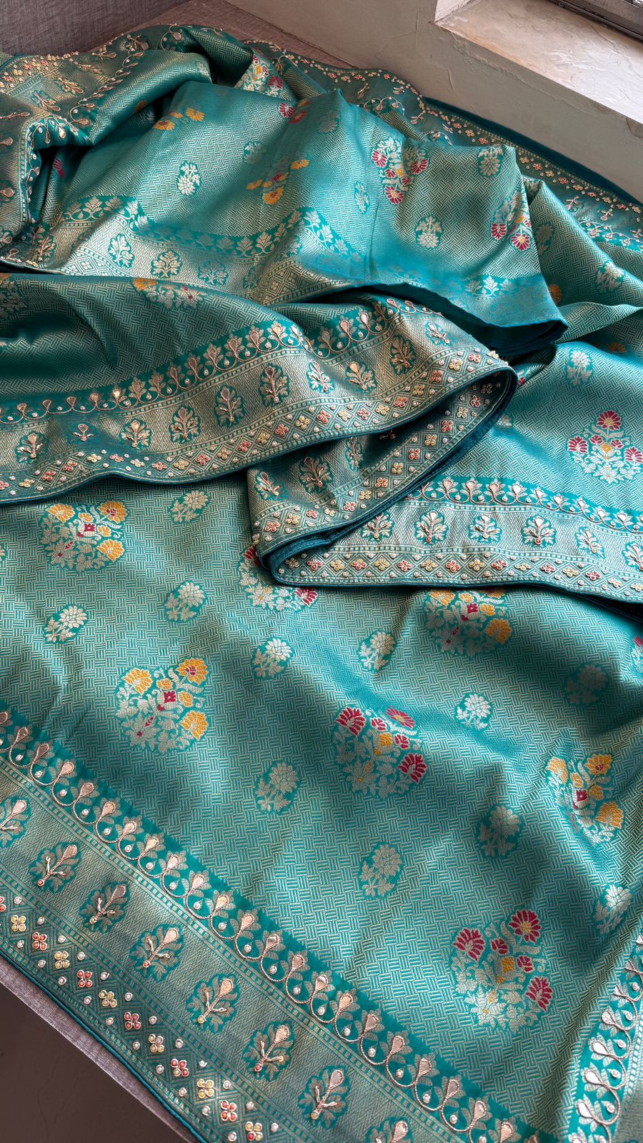 Aqua Teal Pure Soft Munga Silk Meena Banarasi Saree with Handcrafted Zardozi Gotapatti Pearl and Sequin Embroidery