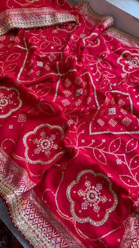 Red Pure Munga Silk Banarasi Saree with Handcrafted Gotapatti Zardozi and Pearl Detailing