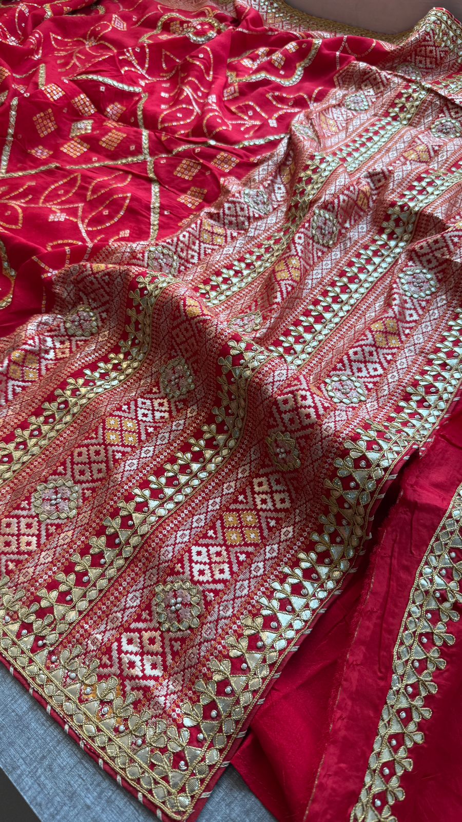 Red Pure Munga Silk Banarasi Saree with Handcrafted Gotapatti Zardozi and Pearl Detailing
