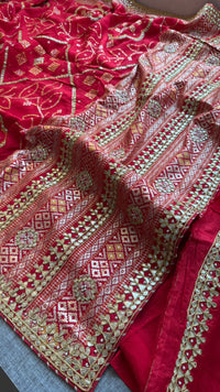 Red Pure Munga Silk Banarasi Saree with Handcrafted Gotapatti Zardozi and Pearl Detailing