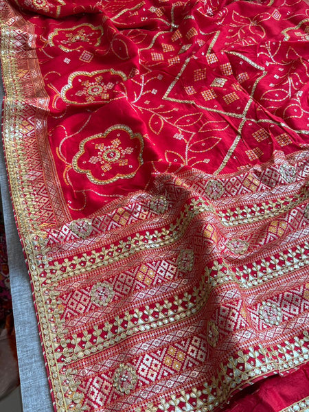 Red Pure Munga Silk Banarasi Saree with Handcrafted Gotapatti Zardozi and Pearl Detailing