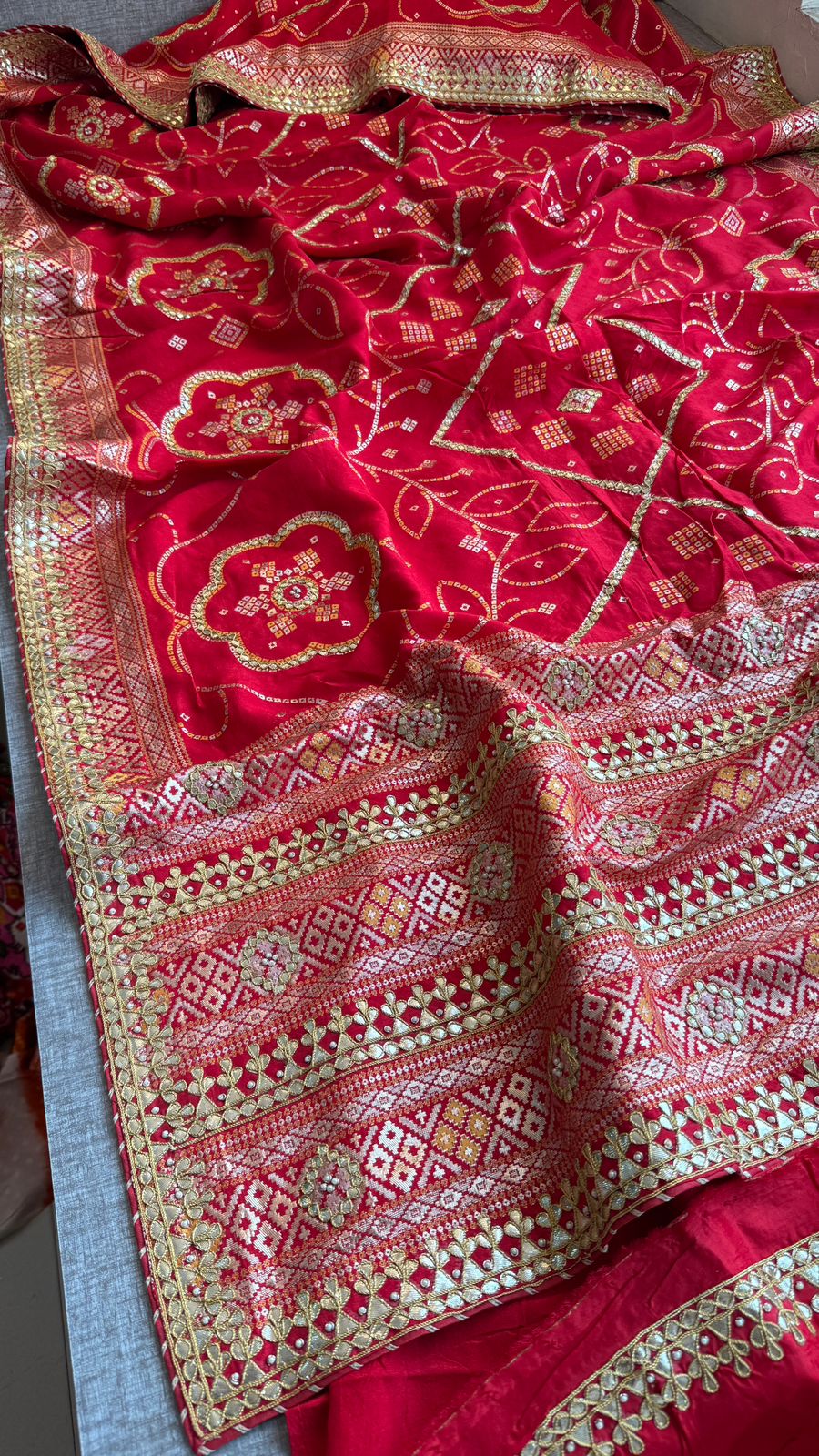 Red Pure Munga Silk Banarasi Saree with Handcrafted Gotapatti Zardozi and Pearl Detailing