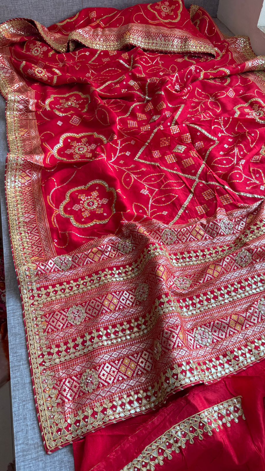 Red Pure Munga Silk Banarasi Saree with Handcrafted Gotapatti Zardozi and Pearl Detailing