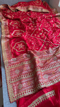 Red Pure Munga Silk Banarasi Saree with Handcrafted Gotapatti Zardozi and Pearl Detailing