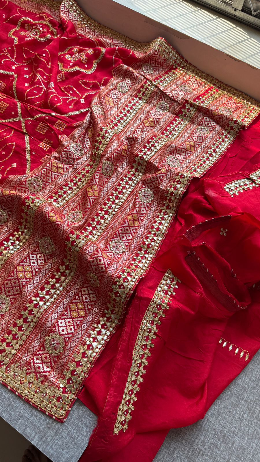 Red Pure Munga Silk Banarasi Saree with Handcrafted Gotapatti Zardozi and Pearl Detailing