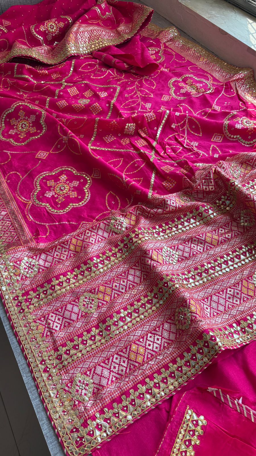 Fuscia Pink Pure Munga Silk Banarasi Saree with Handcrafted Gotapatti Zardozi and Pearl Detailing