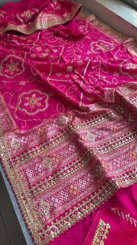 Fuscia Pink Pure Munga Silk Banarasi Saree with Handcrafted Gotapatti Zardozi and Pearl Detailing
