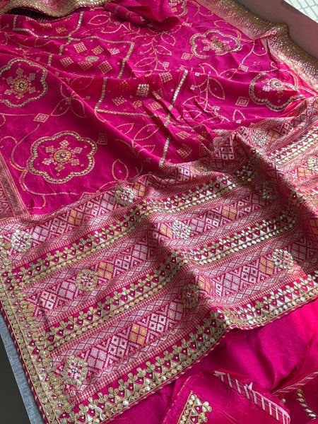 Fuscia Pink Pure Munga Silk Banarasi Saree with Handcrafted Gotapatti Zardozi and Pearl Detailing