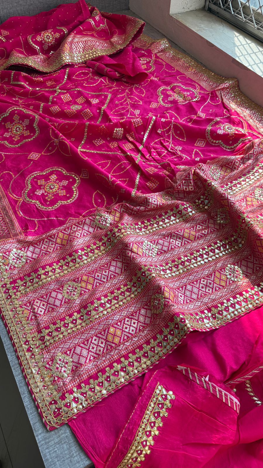 Fuscia Pink Pure Munga Silk Banarasi Saree with Handcrafted Gotapatti Zardozi and Pearl Detailing