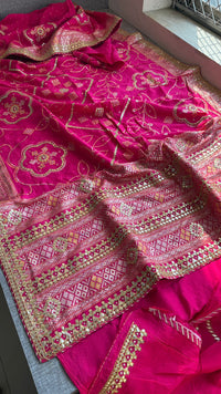 Fuscia Pink Pure Munga Silk Banarasi Saree with Handcrafted Gotapatti Zardozi and Pearl Detailing