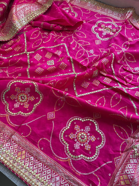Fuscia Pink Pure Munga Silk Banarasi Saree with Handcrafted Gotapatti Zardozi and Pearl Detailing