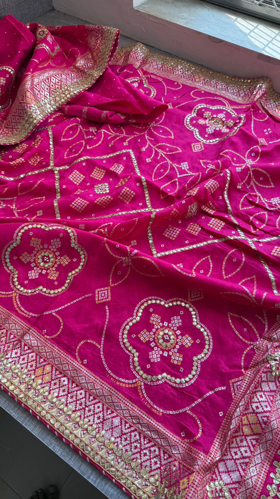 Fuscia Pink Pure Munga Silk Banarasi Saree with Handcrafted Gotapatti Zardozi and Pearl Detailing