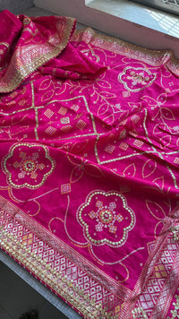 Fuscia Pink Pure Munga Silk Banarasi Saree with Handcrafted Gotapatti Zardozi and Pearl Detailing