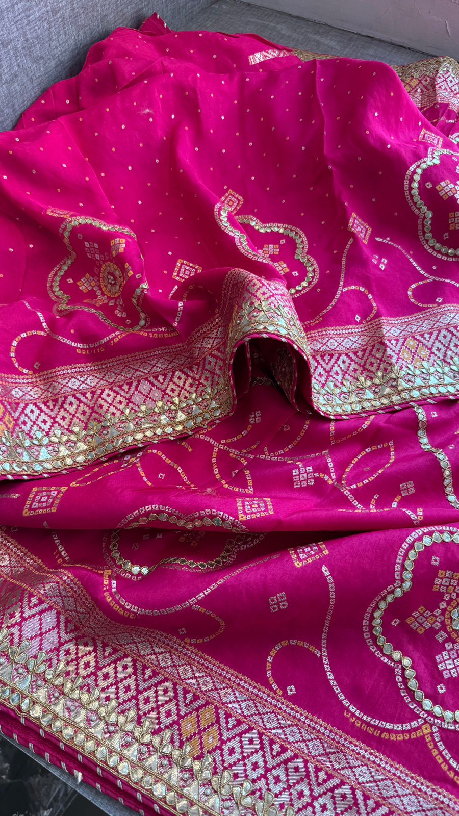 Fuscia Pink Pure Munga Silk Banarasi Saree with Handcrafted Gotapatti Zardozi and Pearl Detailing