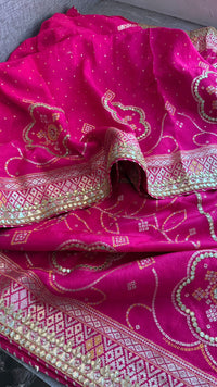 Fuscia Pink Pure Munga Silk Banarasi Saree with Handcrafted Gotapatti Zardozi and Pearl Detailing