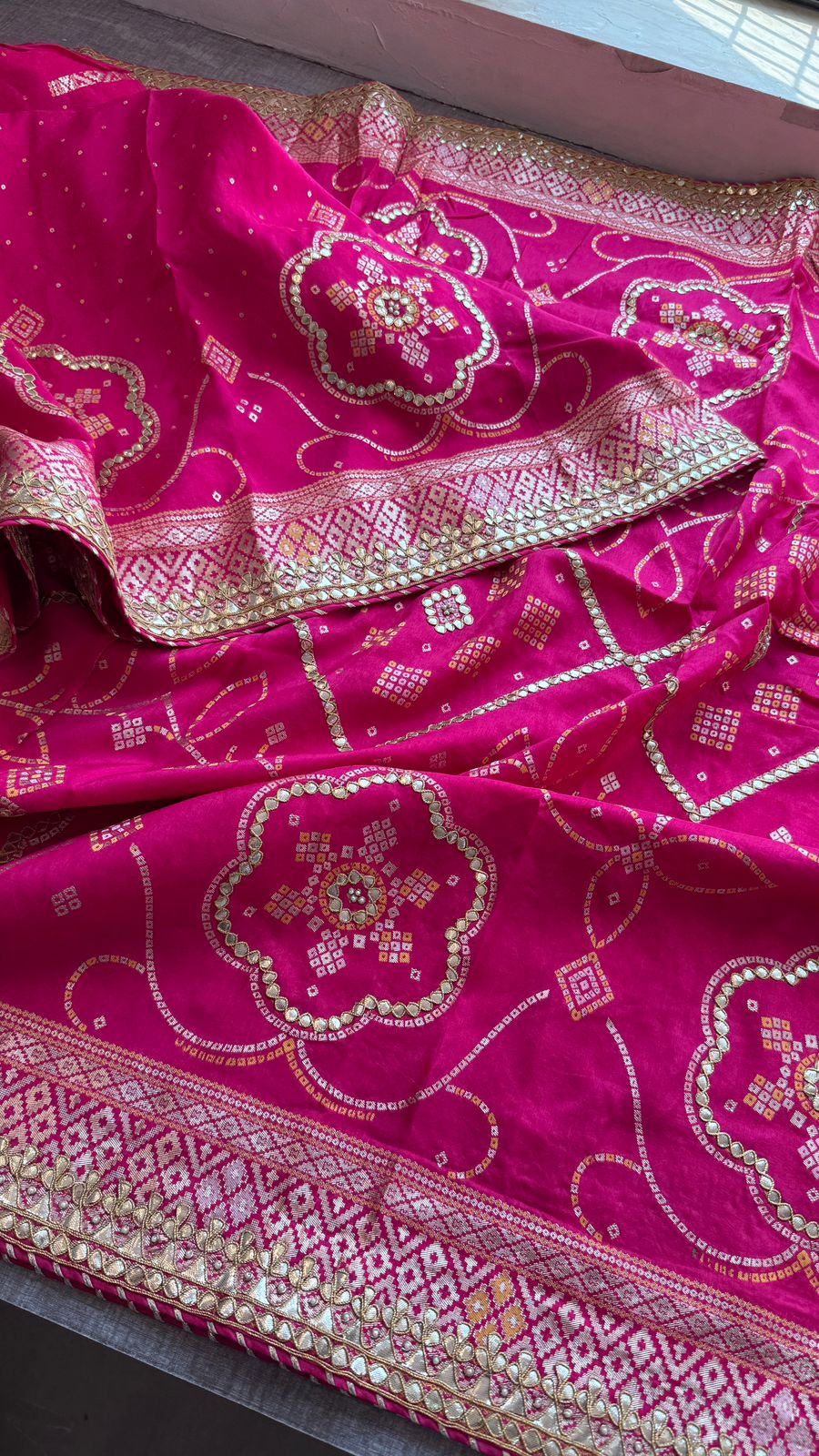 Fuscia Pink Pure Munga Silk Banarasi Saree with Handcrafted Gotapatti Zardozi and Pearl Detailing