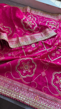 Fuscia Pink Pure Munga Silk Banarasi Saree with Handcrafted Gotapatti Zardozi and Pearl Detailing