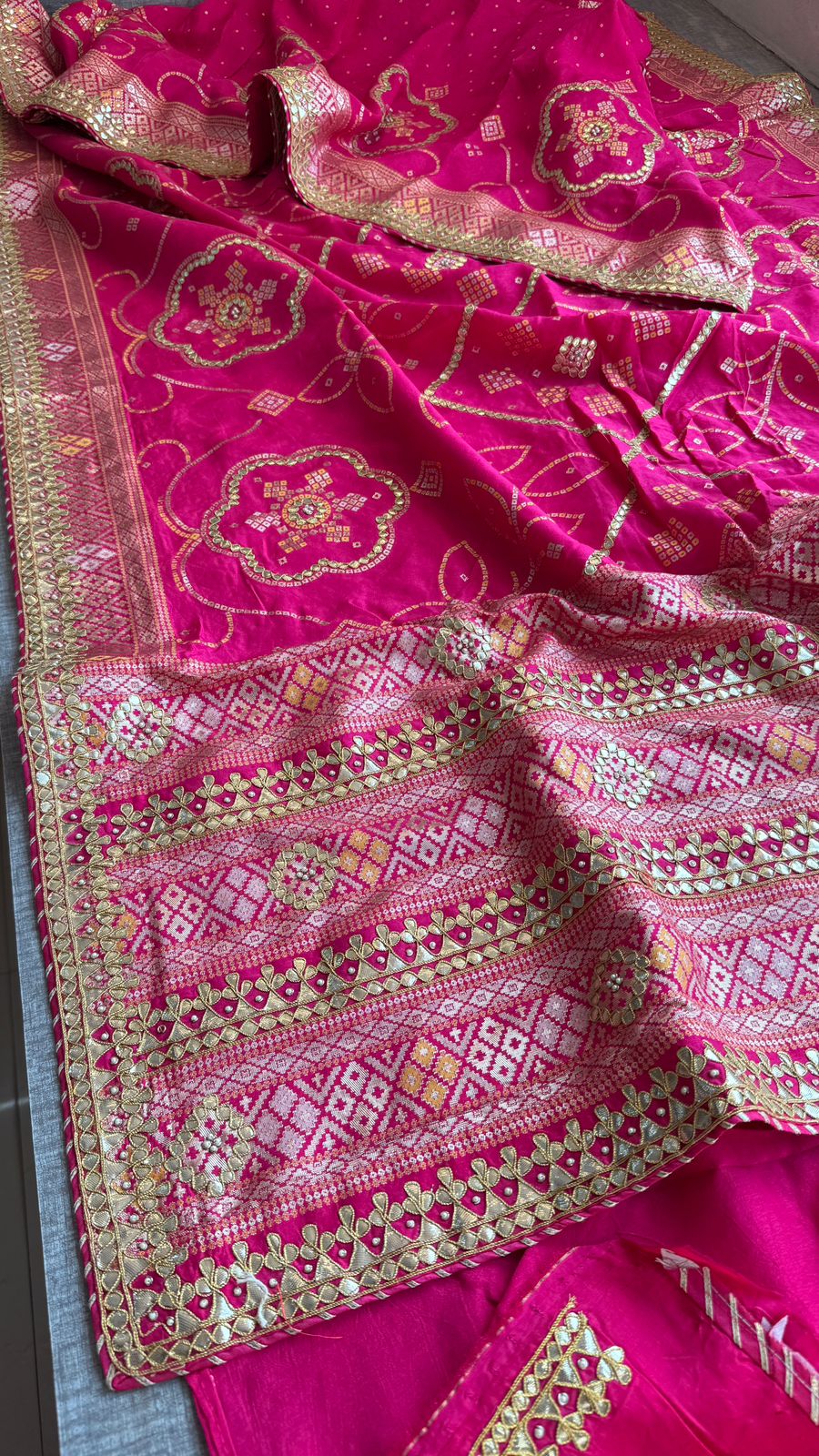 Fuscia Pink Pure Munga Silk Banarasi Saree with Handcrafted Gotapatti Zardozi and Pearl Detailing