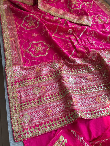 Fuscia Pink Pure Munga Silk Banarasi Saree with Handcrafted Gotapatti Zardozi and Pearl Detailing