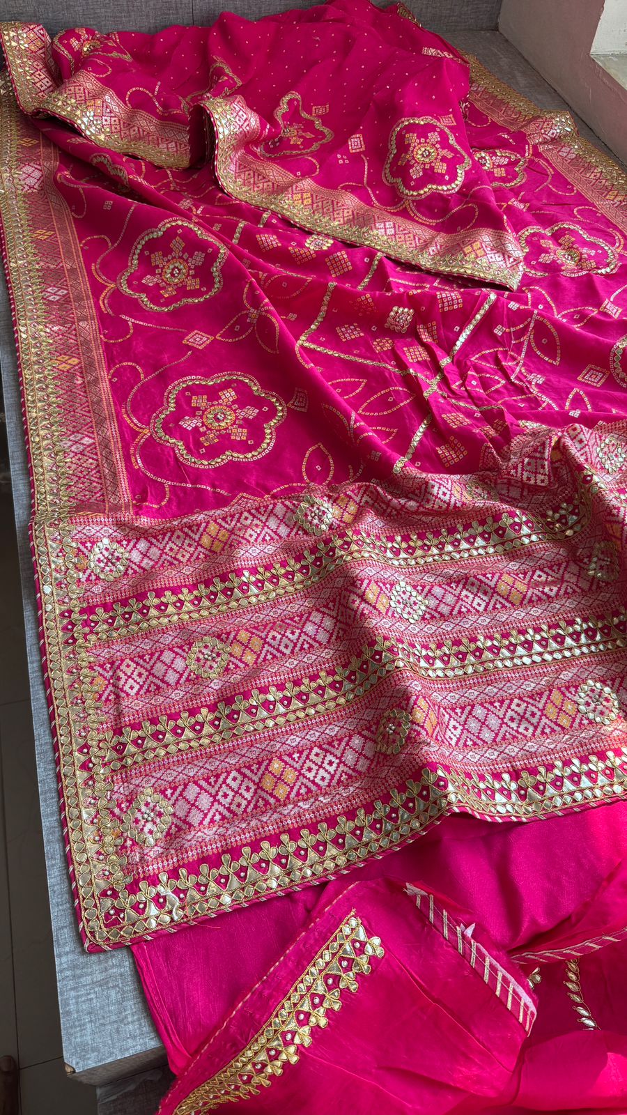 Fuscia Pink Pure Munga Silk Banarasi Saree with Handcrafted Gotapatti Zardozi and Pearl Detailing