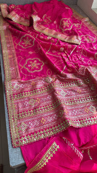 Fuscia Pink Pure Munga Silk Banarasi Saree with Handcrafted Gotapatti Zardozi and Pearl Detailing