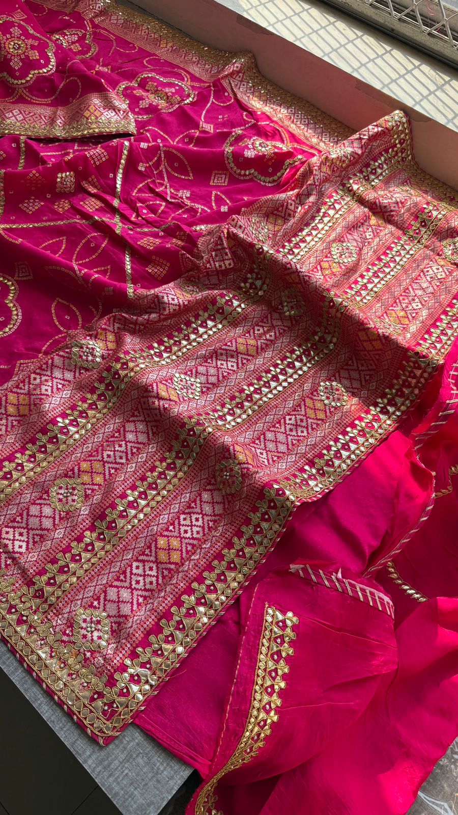 Fuscia Pink Pure Munga Silk Banarasi Saree with Handcrafted Gotapatti Zardozi and Pearl Detailing