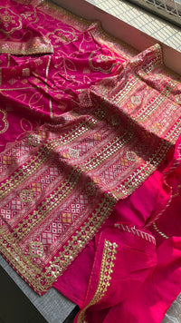 Fuscia Pink Pure Munga Silk Banarasi Saree with Handcrafted Gotapatti Zardozi and Pearl Detailing