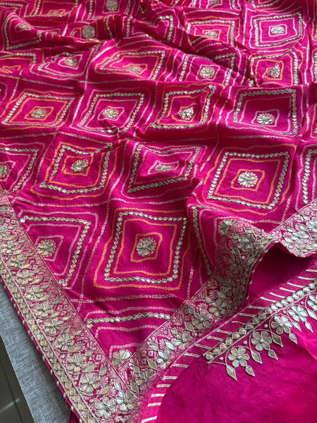 Majestic Pink Pure Munga Silk Banarasi Saree with Handcrafted Gotapatti Zardozi and Pearl Detailing